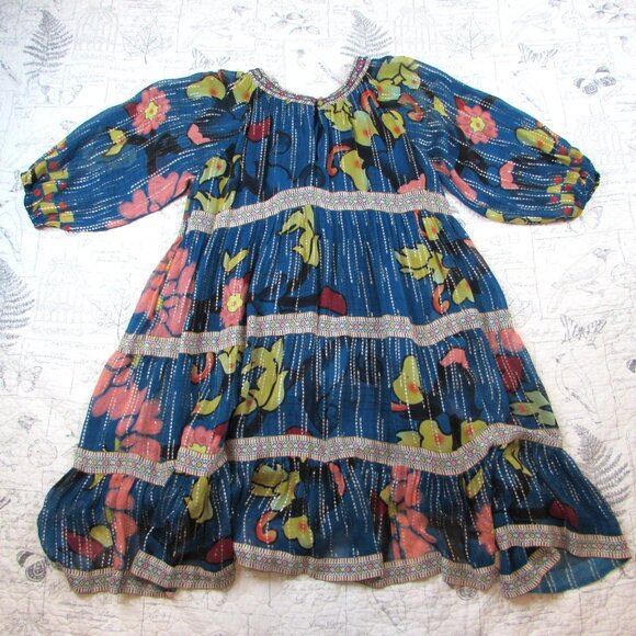Anthropologie Verb Pallavi Singhee Eulalia Shimmer Tunic Dress Blue Floral 2 S - Picture 2 of 10